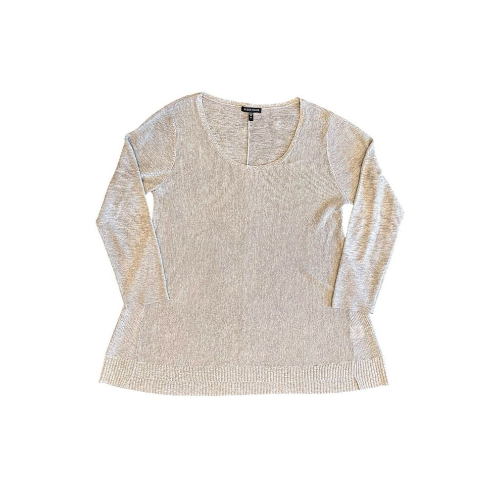 Eileen Fisher Sweater Gray Linen Knit Top Scoop Neck Minimalist Open Medium